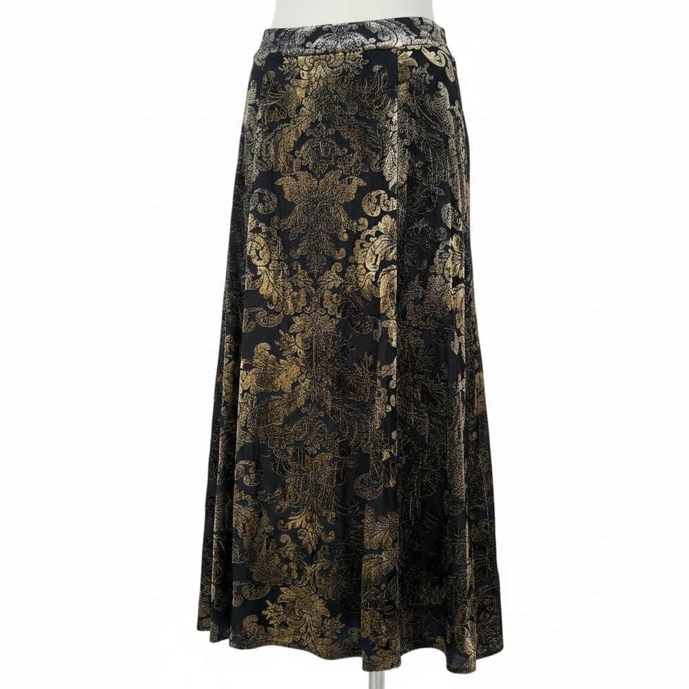 Jones New York MIDI Skirt S Black Gold Burnout Velvet Damask Elegant Goth Glam